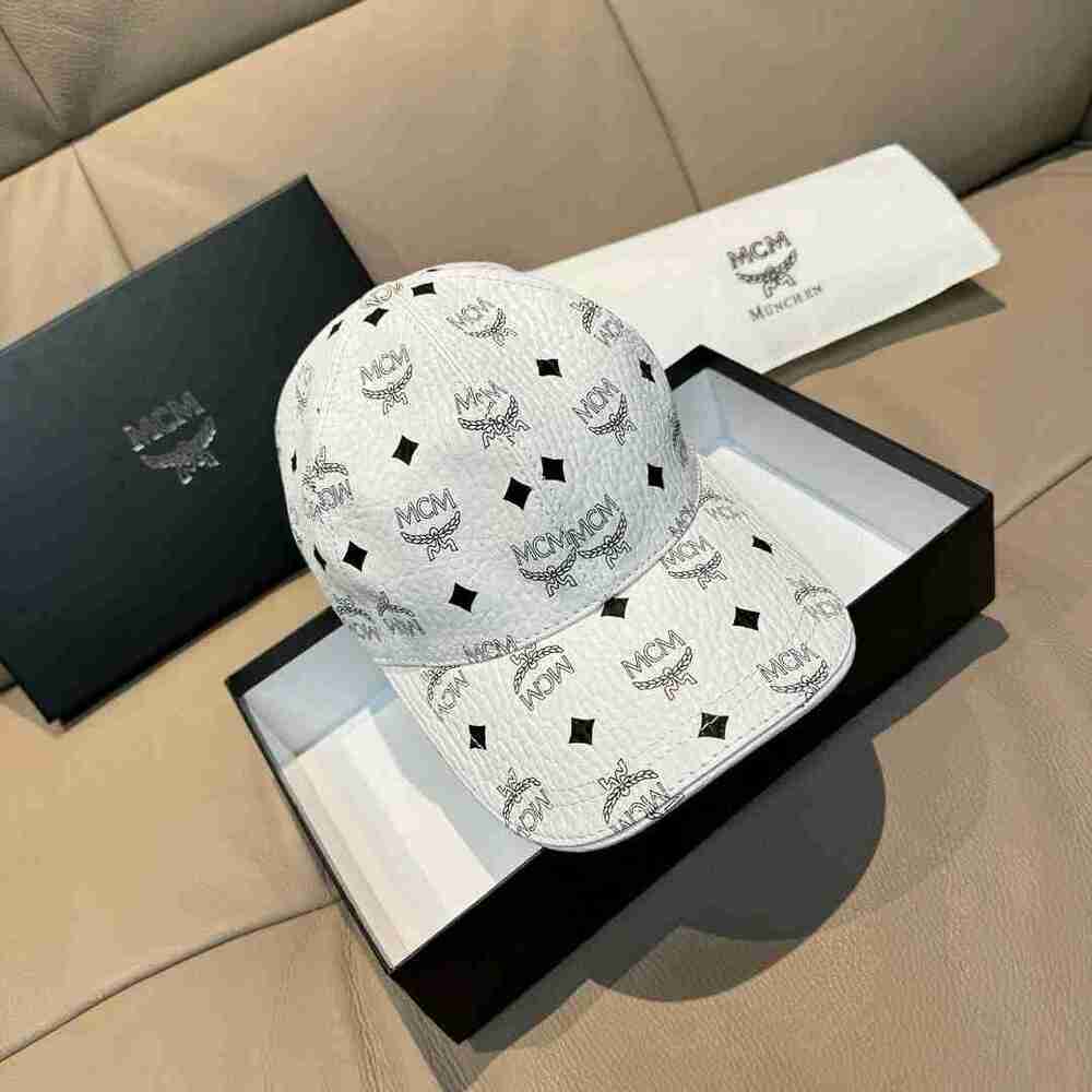 MCM White Visetos Monogram Baseball Cap